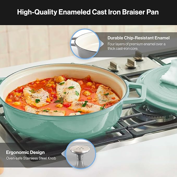 Misen 5.5 QT Braiser – Enameled Cast Iron Pan for Searing, Braising & Slow Cooking – No-Chip Enamel Coating – Extra-Wide Handles – Superior Heat Retention & Even Cooking - Green