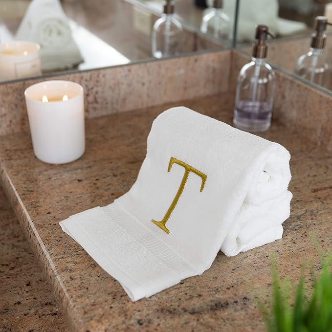 Monogrammed Hand Towels for Bathroom - Luxury Hotel Quality Personalized Initial Decorative Embroidered Bath Towel for Powder Room, Spa - GOTS Organic Certified - Set of 2 Gold Letter T