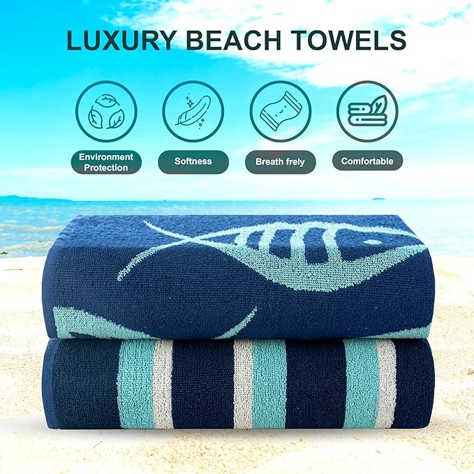 CASA COPENHAGEN Miami Bath Sheets Designed in Denmark Rough and Tough, Quick Dry, for Pool, Bath & Shower 35"x70", 2 Pieces Cotton Beach Towels Set - Fish Navy + Turquoise Stripe