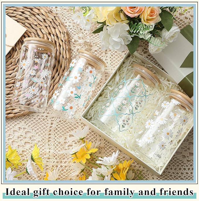 Mumufy Gift for Women Cute Glass Cup Tumbler Flower Iced Coffee Mugs 16 oz Glass with Bamboo Lid & Straw, Mothers Day Birthday Gift for Mom Sister Bridesmaid Baby Shower(4 Pack,Fresh Flower)