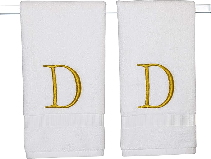 Monogrammed Hand Towels for Bathroom - Luxury Hotel Quality Personalized Initial Decorative Embroidered Bath Towel for Powder Room, Spa - GOTS Organic Certified - Set of 2 Gold Letter D