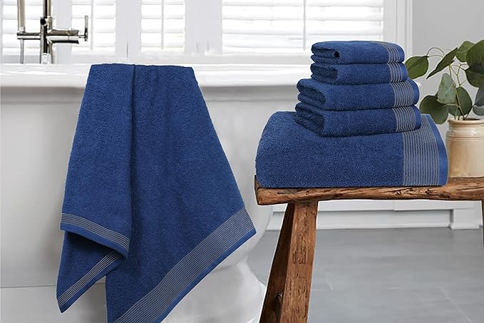 Belizzi Home 100% Cotton Ultra Soft 6 Pack Towel Set, Contains 2 Bath Towels 28x55 inchs, 2 Hand Towels 16x24 inchs & 2 Washcloths 12x12 inchs, Compact Lightweight & Highly Absorbant - Navy Blue
