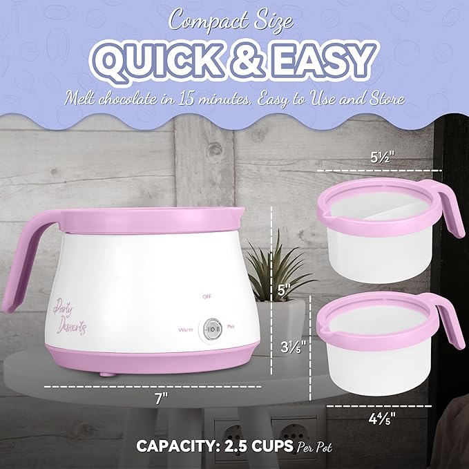Candy and Chocolate Melting Pot with 2 Pots, Mini Electric Fondue Pot, Melts Candy Chocolate in a Couple of Minutes, Ideal for Cake Pops Cookies Cakes, 2.5 Cups, Pink