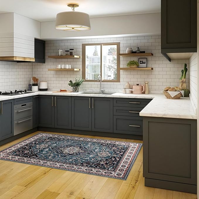 Easy-Going Area Rug 4x6 Medallion Distressed Washable Rugs for Living Room Non-Slip Bedroom Rug Low Pile Lightweight Vintage Retro Throw Rug for Dining Room Kitchen Home Office Carpet, Teal Brick