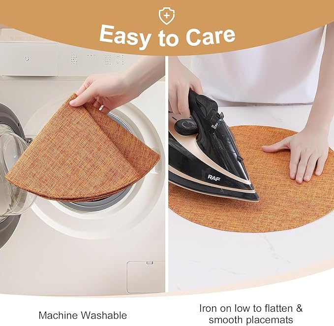 homing 15 Inch Round Cloth Placemats Set of 4, Cotton Linen Blend Washable Table Mats, Farmhouse Dining Place Mats for Indoors & Outdoors, Easy to Clean, Orange