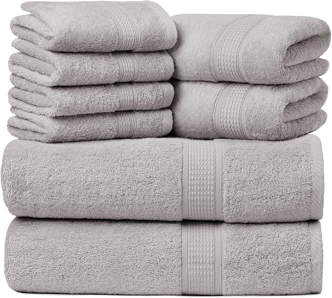 Ariv Towels Pack of 8, Premium Cotton Towel Set (2 Bath Towels + 2 Hand Towels + 4 Washcloths), Large, Super Soft, Quick Dry, Highly Absorbent for Home, Bathroom, Gym, Hotel & Spa - Plantinum