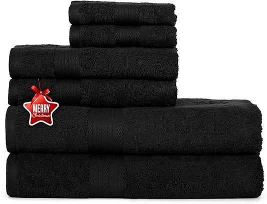 Ample Decor 100% Cotton Luxury 6 Piece Towels Set, 2 Bath Towels, 2 Hand Towels, 2 Wash Cloths for Bathroom - Black Towel Sets