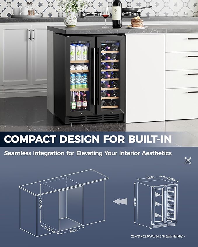 Wine and Beverage Refrigerator, 24 Inch Built-In Wine Fridge with Glass Door, Holds 20 Wine Bottles & 60 Cans, Under Counter Refrigerator with Quiet Cooling System & Blue LED Light(Black)