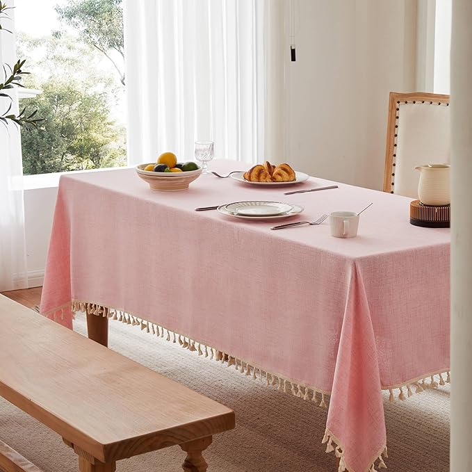 Linen Tablecloth with Tassels, Farmhouse Style Pink Tablecloth, Water Resistant Burlap Tablecloths for Square Table, 60x60 Inch Pink