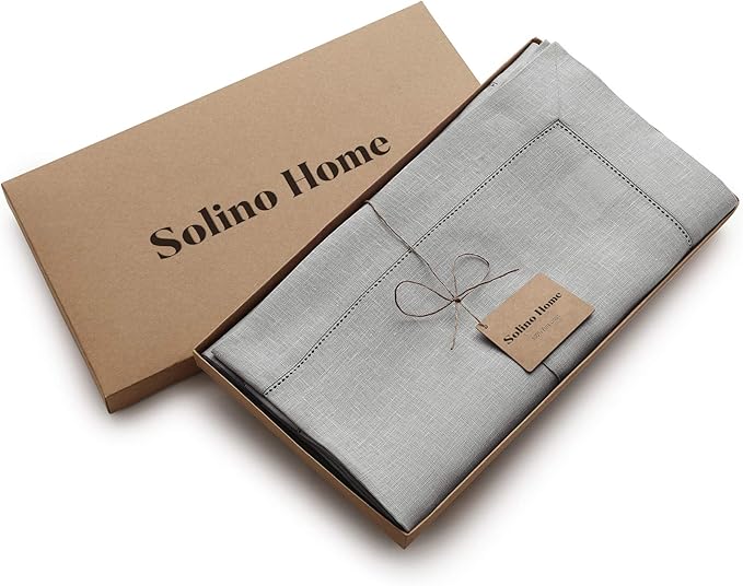 Solino Home Soft Grey Linen Tablecloth 60 x 120 Inch - 100% Pure Linen Hemstitch Table Cloth for Rectangle Tables - Classic Hemstitch, Machine Washable Tablecloth for Winter, New Year