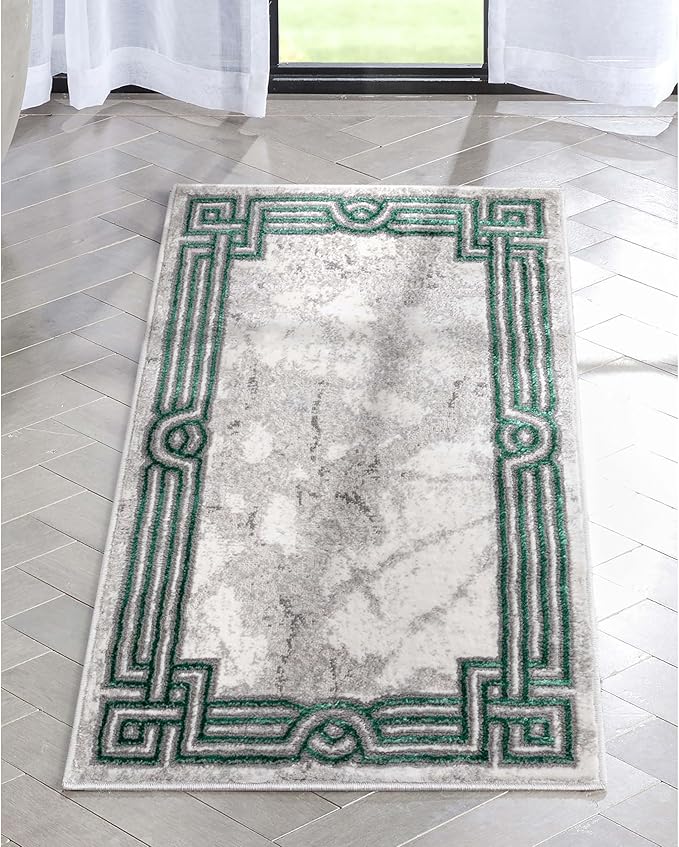 Well Woven Lezlee Abstract Modern 2' x 3' Area Rug - Emerald Green Marble Border - for Entryway, Office, Accent