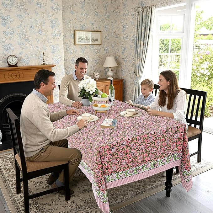 Ridhi Strawberry Pink Hand Block Print Cotton Rectangle Tablecloth 120" x 80" inches Reusable Table Cover Decorative Everyday Use for Dining, Farmhouse, Home, Party, Festive, Wedding, Fall