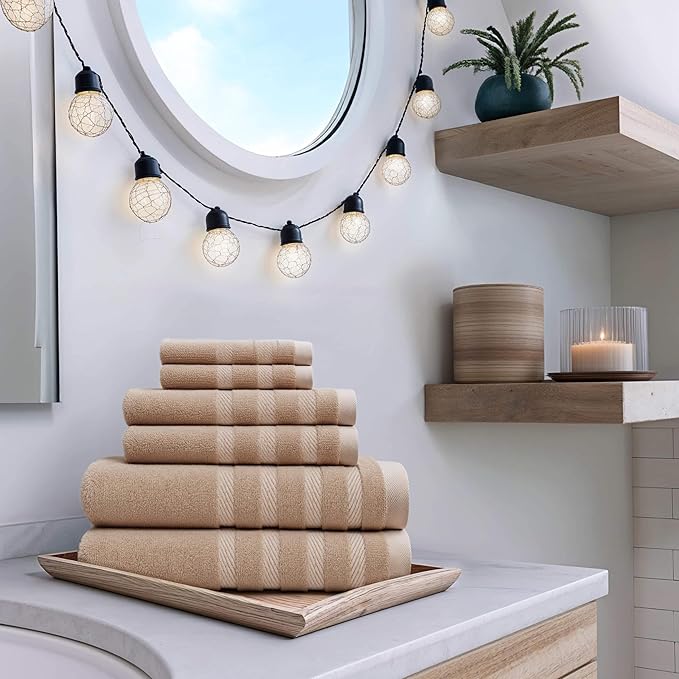 Hearth & Harbor Bath Towels for Bathroom - 100% Ring Spun Cotton Luxury Bathroom Towels - Soft & Highly Absorbent Bath Towels Set, 6 Piece Set, Beige