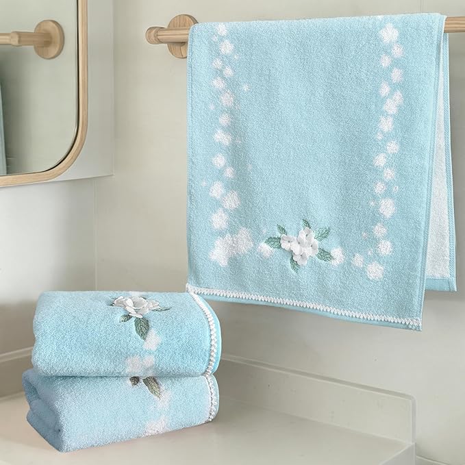 VOOVA & MOVAS Blue Hand Towels Set (3PC, 14"x28") - 100% Cotton | Quick Dry | Soft | Absorbent, Light Weight Hand Towels for Showering & Bathroom, Flower Towel Set for Guest, Blue