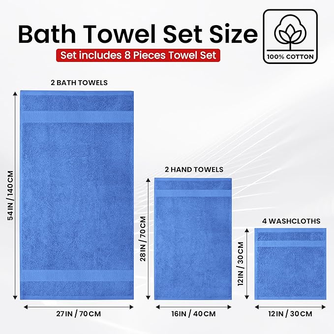 Infinitee Xclusives Luxury 100% Cotton Towel Set – 8 Piece Bathroom Towel Set (2 Bath Towels, 2 Hand Towels, 4 Washcloths) – Soft & Absorbent Towels for Bathroom (Eloquent Blue)