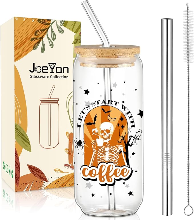 Joeyan Halloween Glass Cups with Lids and Straws,20 oz Iced Coffee Tumbler with Skull and Black Star Patterns,Funny Can Shaped Beer Drinking Glasses,Holiday Gifts for Women Mom Friend Teen