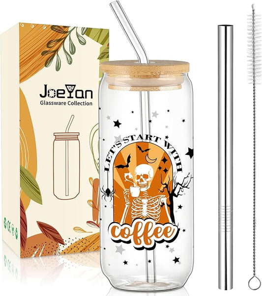 Joeyan Halloween Glass Cups with Lids and Straws,20 oz Iced Coffee Tumbler with Skull and Black Star Patterns,Funny Can Shaped Beer Drinking Glasses,Holiday Gifts for Women Mom Friend Teen