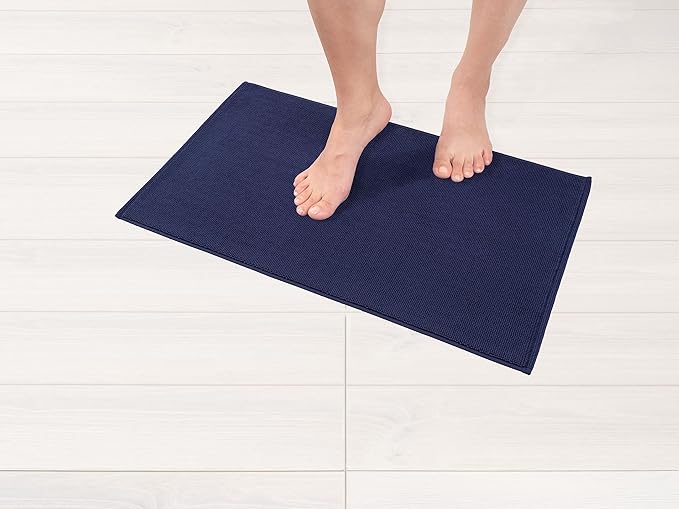 American Soft Linen Bath Rug, 17 in 24 in 100% Cotton Bath Mats Rugs for Bathroom, Slip Reducer Washable Shaggy Form Area Rugs, Navy Blue Bath Rug