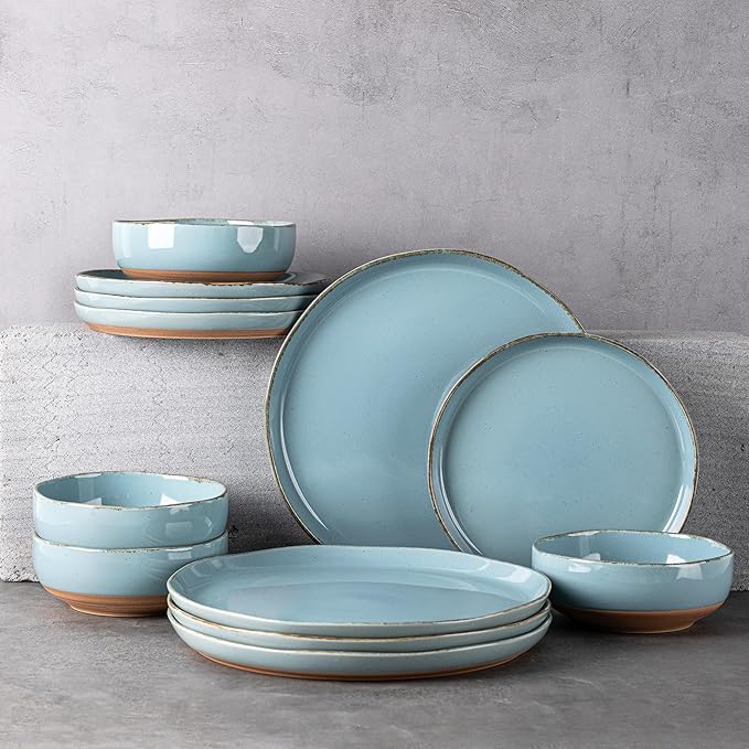 AmorArc Ceramic Dinnerware Sets for 4, 12 Pieces Handpainted Plates and Bowls Set with Rustic Terracotta Underside, Scratch Resistant Stoneware Dishes Set, Dishwasher & Microwave Safe