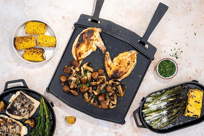 ooni Cast Iron Dual-Sided Grizzler Plate - 13.6" x 12.5" Reversible Griddle with Removable Handle and Stainless Steel Trivet, Pre-Seasoned Non-Stick Oven Safe Cookware, Pizza Oven and BBQ Accessories