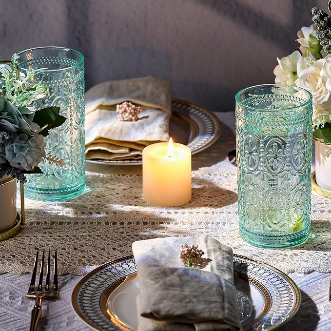 6 Pack Highball Embossed Beverage Glass Cup, 12oz Green Glassware Drinking, Vintage Drinking Glasses, Colored Water Glasses for Party Wedding Home Office and Gift