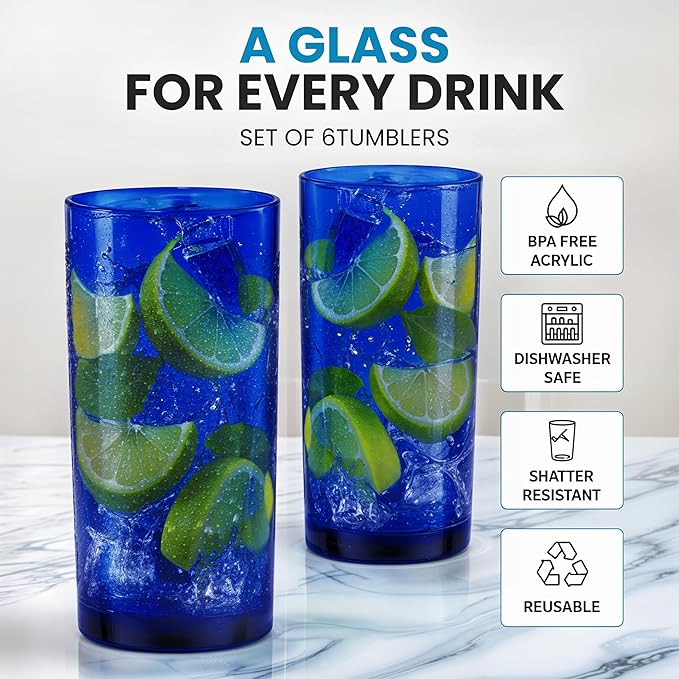 Zulay Kitchen Acrylic Plastic Glasses Drinkware - 6 Piece Unbreakable Plastic Tumblers - BPA-Free, Reusable Plastic Drinking Glasses for Home & Outdoors - Lead-Free & Dishwasher Safe - Dark Blue 24 oz