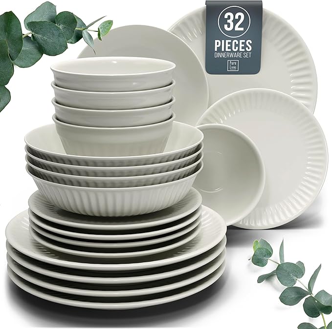 Stoneware Dinnerware Set for 8 People HYGGE 32-Piece - Elegant Scandi Design - Premium Dish Set - Bowl and Plate Set - Tableware for 8 People in a Ribbed Design - Pure Living in Beige