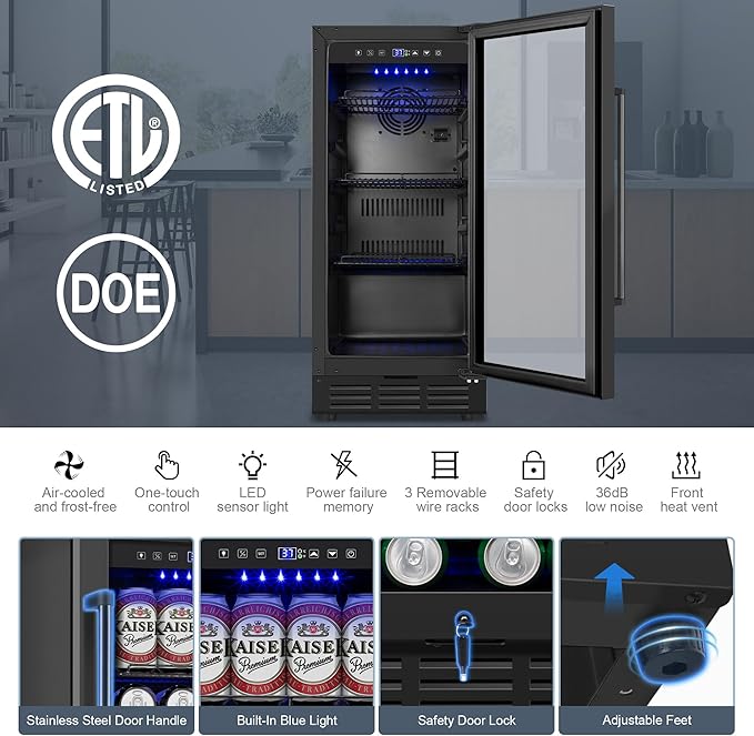 Beverage Refrigerator Cooler, 15 Inch 130 Cans Under Counter Refrigerator Beer Fridge with Glass Door, Adjustable Shelves and LED Light, Bulit-in Soda Fridge for Bedroom Office Bar