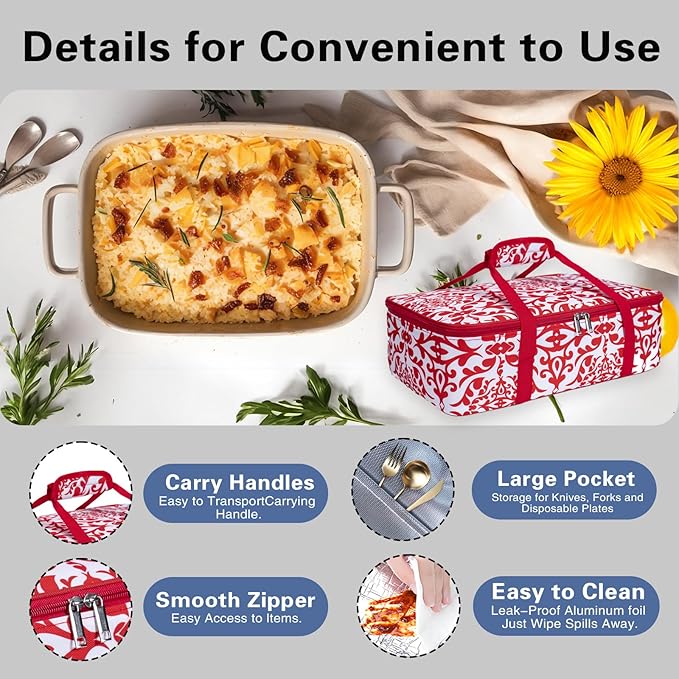 Insulated Casserole Baking Dish Carrier Portable Lunch Tote Bag Fits Up to 9"x13" Pan for Transport to Keep Food Hot/Cold for Gathering/Potluck Parties/Cookouts/Camping/Picnics/Offices-Red/white