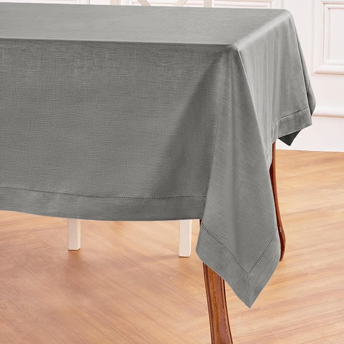 Solino Home Linen Tablecloth 60 x 120 Inch - Classic Hemstitch 100% Pure Linen Steel Gray Table Cloth for Rectangle Tables - Machine Washable Tablecloth