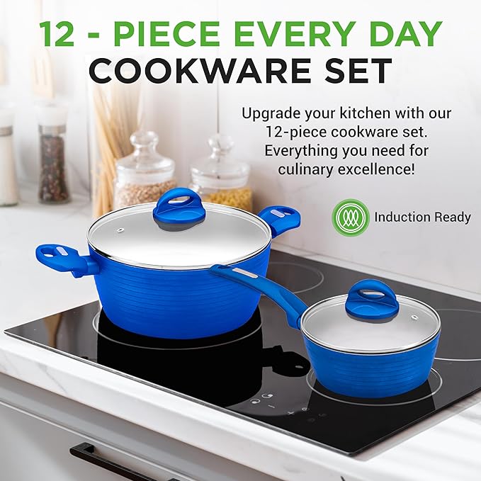 NutriChef 12 Piece Nonstick Cookware Set - PFOA/PFOS-Free Heat Resistant Lacquer Kitchen Ware Pots and Pans Set - Induction Ready Cookware Includes Saucepot, Pans, Cooking Pot Oven Pot, Lid, Utensils