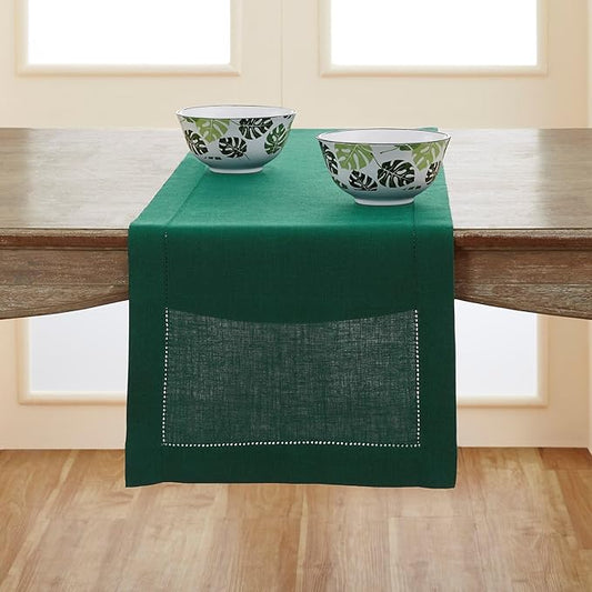Solino Home Linen Rainforest Green Table Runner 90 Inches Long - 100% Pure Linen Hemstitch 14 x 90 Inch Table Runner for Dining, New Year - Classic Hemstitch