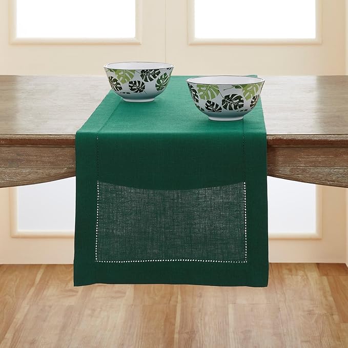 Solino Home Linen Rainforest Green Hemstitch Table Runner 48 Inches - 100% Pure Linen Small Table Runner 14 x 48 Inch Ideal for Dresser and Coffee Tables - Classic Hemstitch - New Year