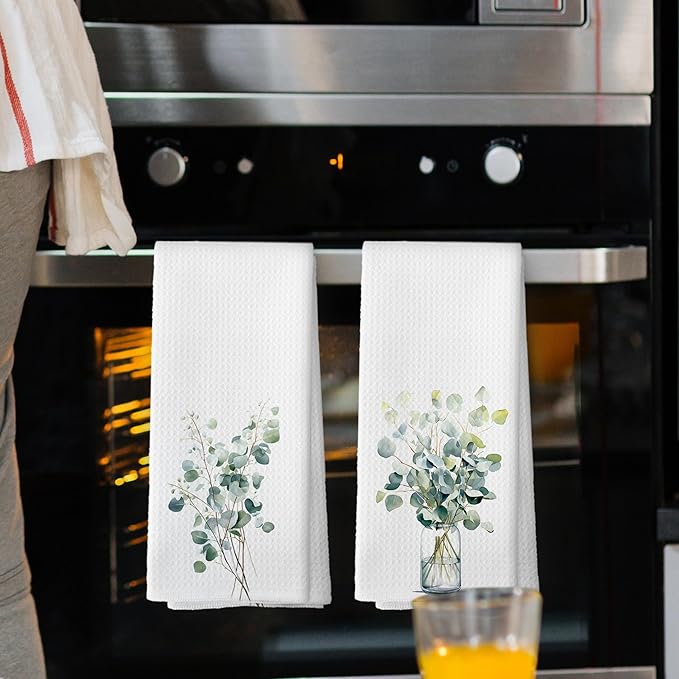 Sage Green Eucalyptus Botanical Kitchen Towels Set of 2, Watercolor Eucalyptus Bathroom Decor, Sage Green Kitchen Decor Hand Towel, Leaves Tea Towel Dish Towels 16x24 Inch