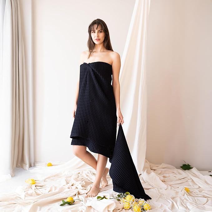 Premium Black Waffle Bath Towels Pack of 2 Extra Large 35x71 inch - 100% Turkish Cotton, Waffle Weave, Quick Dry, Lint Free, Oversized, Thin Bath Sheet Towel (Black, Set of 2 Bath Towels)