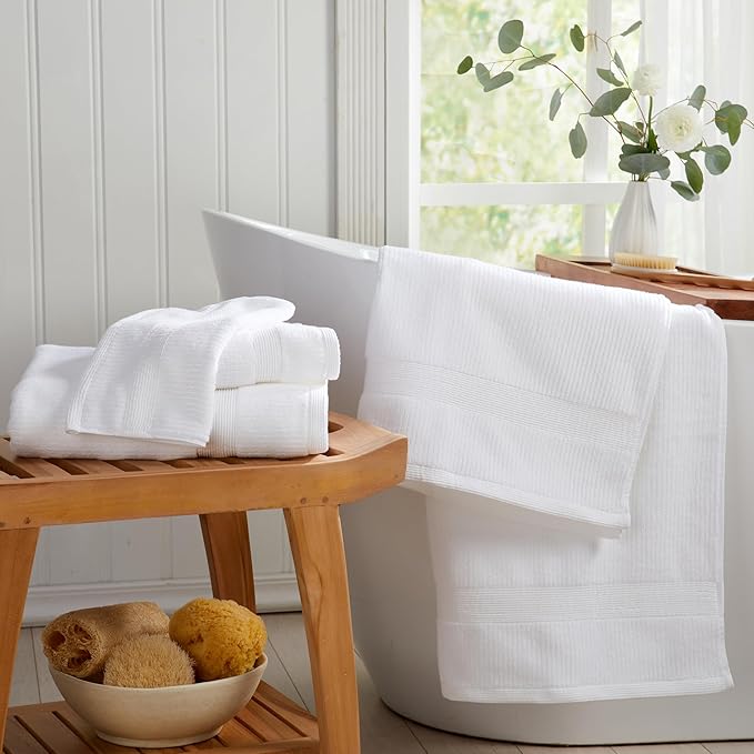 Springtree Home White Bath Towels Set of 4 | Ribbed Textured | 100% Combed Cotton | Absorbent Quick-Dry Towels for Bathroom | Oeko-TEX® Standard 100 Cotton | Mauro Collection - Bright White