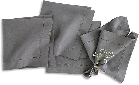 Solino Home Linen Cloth Napkins Set of 4-100% Pure Linen Steel Gray Dinner Napkins 20 x 20 Inch - Classic Hemstitch, Handcrafted and Machine Washable