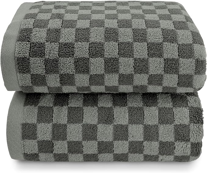 Jacquotha Pack of 2 Cotton Bath Towels (Grey Checkered), Ultral Soft Shower Towels Bathroom Essentials Large Size 54” x 28”, Luxury Medium Thickness Comfort
