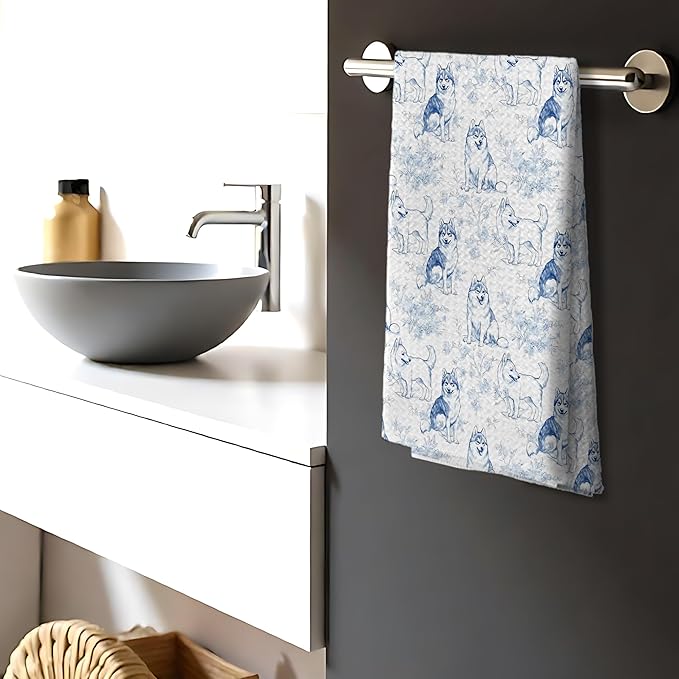 Siberian Husky Dog Gifts for Light Blue Chinoiserie Floral Decor Kitchen Towels，Blue and White Husky Dog Grandmillennial Decorative Dish Tea Towels for Bathroom,16x24 Inch