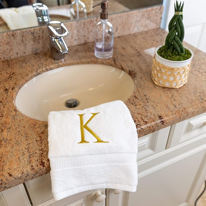 Monogrammed Hand Towels for Bathroom - Luxury Hotel Quality Personalized Initial Decorative Embroidered Bath Towel for Powder Room, Spa - GOTS Organic Certified - Set of 2 Gold Letter K