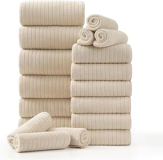 18 Piece Family Bath Towel Set Include 6 Bath Towels,6 Hand Towels and 6 Washcloths Soft Bathroom Towel with Hanging Loops,Highly Absorbent Quick Dry Towels Set for Bathroom,Hotel and Spa-Beige