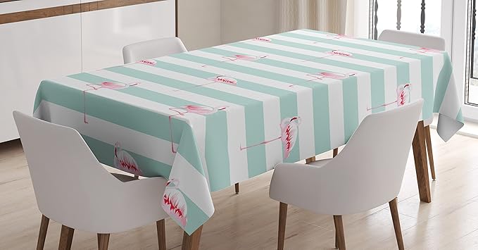 Ambesonne Modern Tablecloth, Pink Flamingo Birds on Horizontal Striped Bands Background Love Tropical Graphic, Dining Room Kitchen Rectangular Table Cover, 52" X 70", Seafoam White