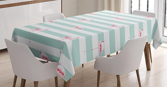Ambesonne Modern Tablecloth, Pink Flamingo Birds on Horizontal Striped Bands Background Love Tropical Graphic, Dining Room Kitchen Rectangular Table Cover, 52" X 70", Seafoam White