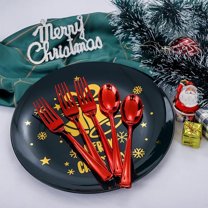 NOCCUR 180PCS Red Plastic Silverware Set - Red Flatware Set Heavy Duty - Include 60 Forks, 60 Spoons, 60 Knives - Ideal for Christmas Party