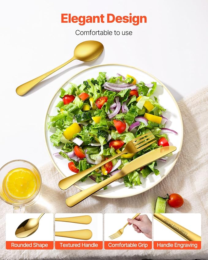 VEVOR 100-Piece Gold Silverware Set, Food-Grade Stainless Steel Flatware Utensils for 20, Mirror Finished Cutlery Set, Dishwasher Safe Eating Tableware for Kitchen Home, Include Knife Fork Spoon
