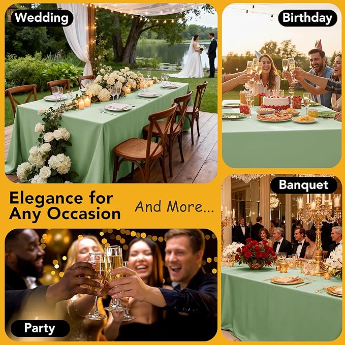 6-Pack Sage Green Tablecloths for Rectangle Tables, 90 x 156 Inches, Stain-Resistant Polyester Fabric for 8 Foot Tables - Washable Table Covers for Weddings, Birthday Parties, Events