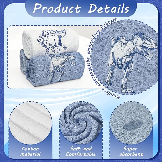 3 Pcs Dinosaur Decorative Hand Towels for Bathroom 13.5x29.5in Funny Dino Embroidered Bathroom Towels, Soft Absorbent 100% Cotton Hand Towels for Bath Room Kitchen(Blue)