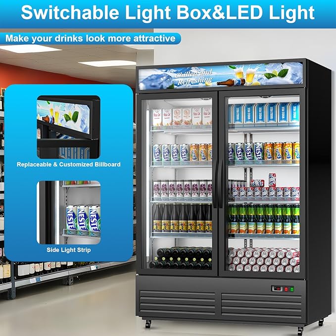 Commercial Beverage Refrigerator with 2 Glass Door, 41.3 Cu.Ft Display Fridge Beverage Cooler with Customizable Lightbox Adjustable Shelves, Drink Fridge Merchandiser for Restaurant Shop, Black