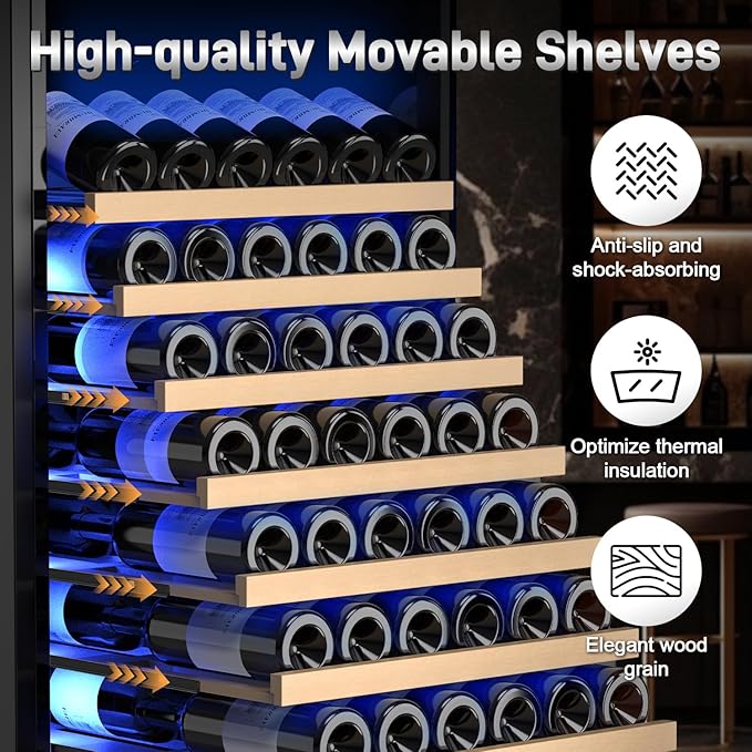 Wine Cooler-Wine Refrigerator 24 Inch Wide Large Freestanding/Built in Wine Fridge for 176 Bottles with Safety Lock Cellar Chiller Low Noise, Fast Cooling, Black