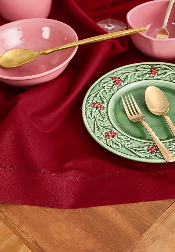 Solino Home Red Tablecloth 52 x 52 Inch - Cotton Linen Hemstitch Square Tablecloth - Machine Washable Table Throw for Winter, Valentines, Holiday, New Year